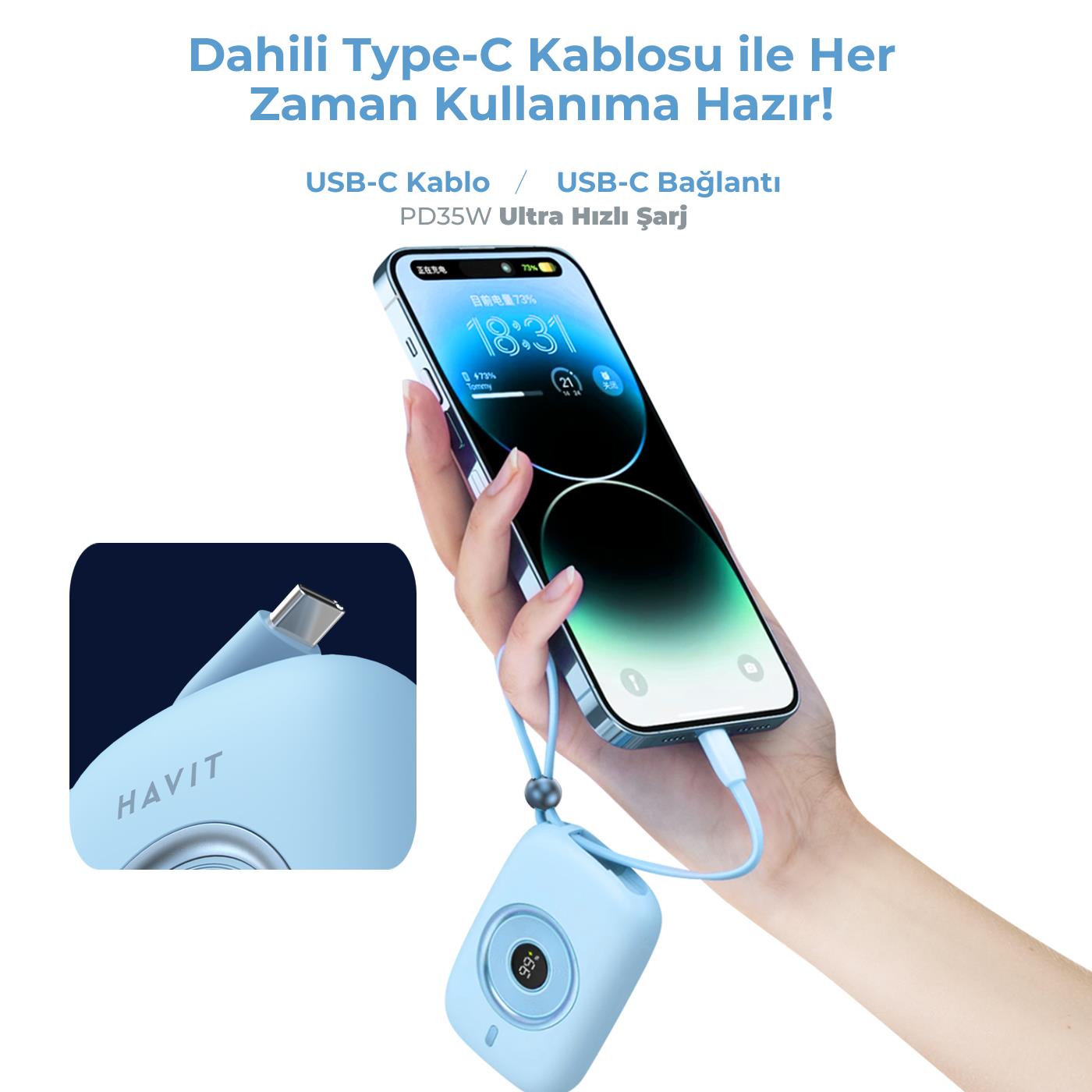 Havit PB5214 PD35W Type-C Kablo 10.000 mAh Powerbank - Mavi