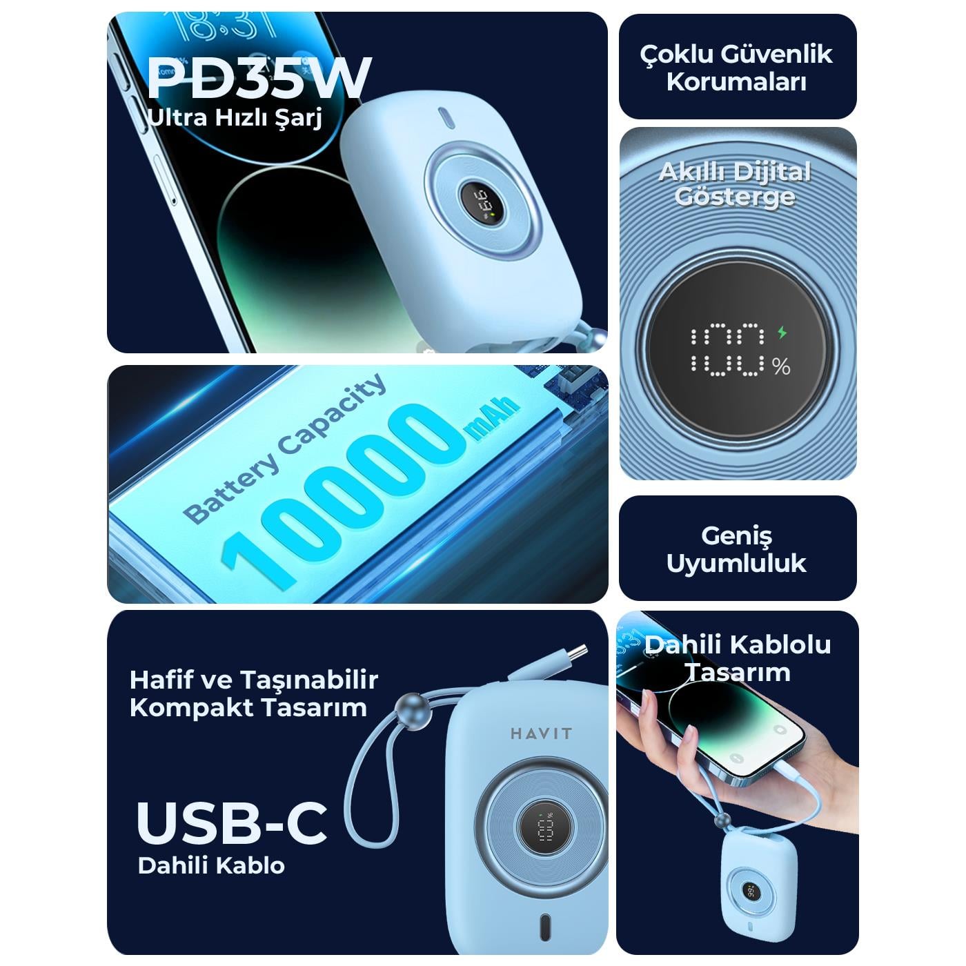 Havit PB5214 PD35W Type-C Kablo 10.000 mAh Powerbank - Pembe