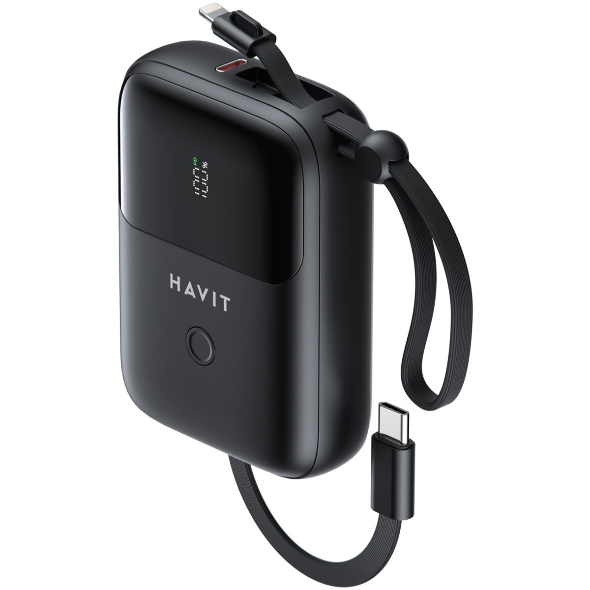 Havit PB5215 PD22.5W Type-C ve Lightning (Iphone) Kablo 10.000 mAh Powerbank - Led Göstegeli - Siyah