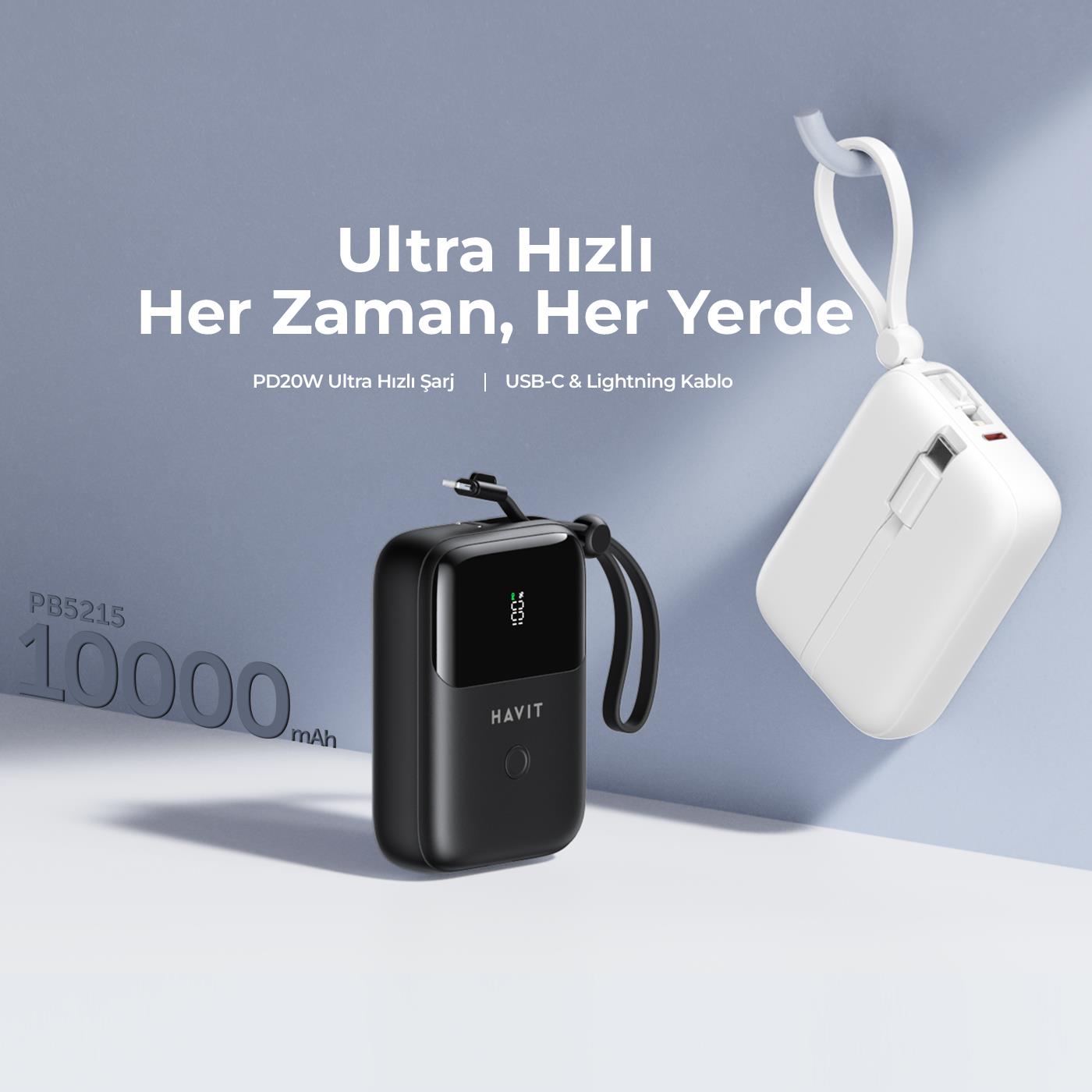Havit PB5215 PD22.5W Type-C ve Lightning (Iphone) Kablo 10.000 mAh Powerbank - Led Göstegeli - Siyah