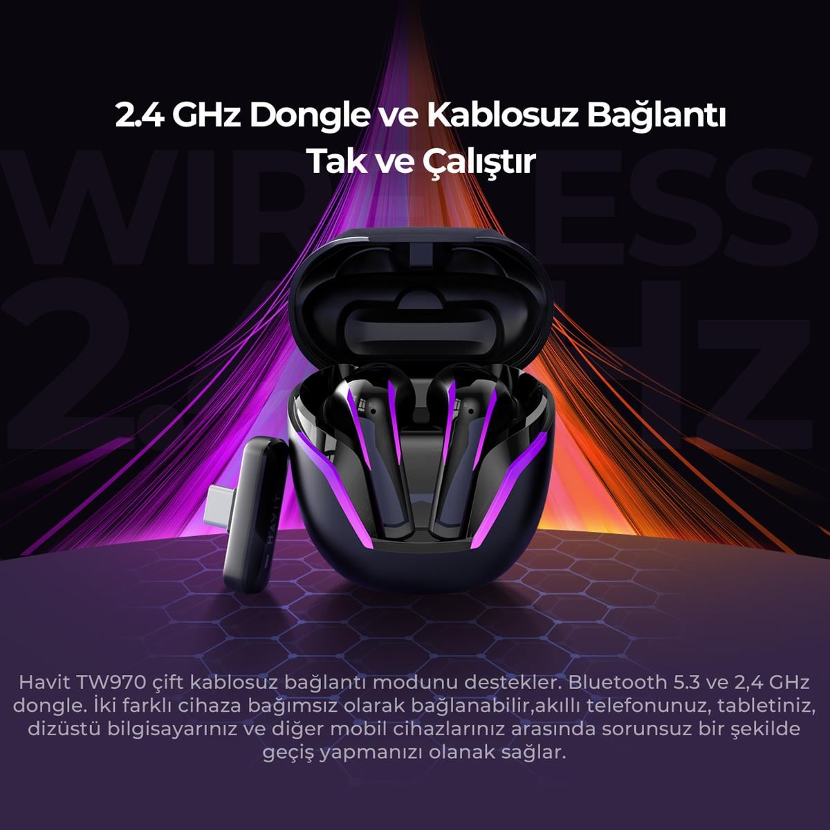 Havit TW970 TWS RGB Gaming Bluetooth Kulaklık - Siyah