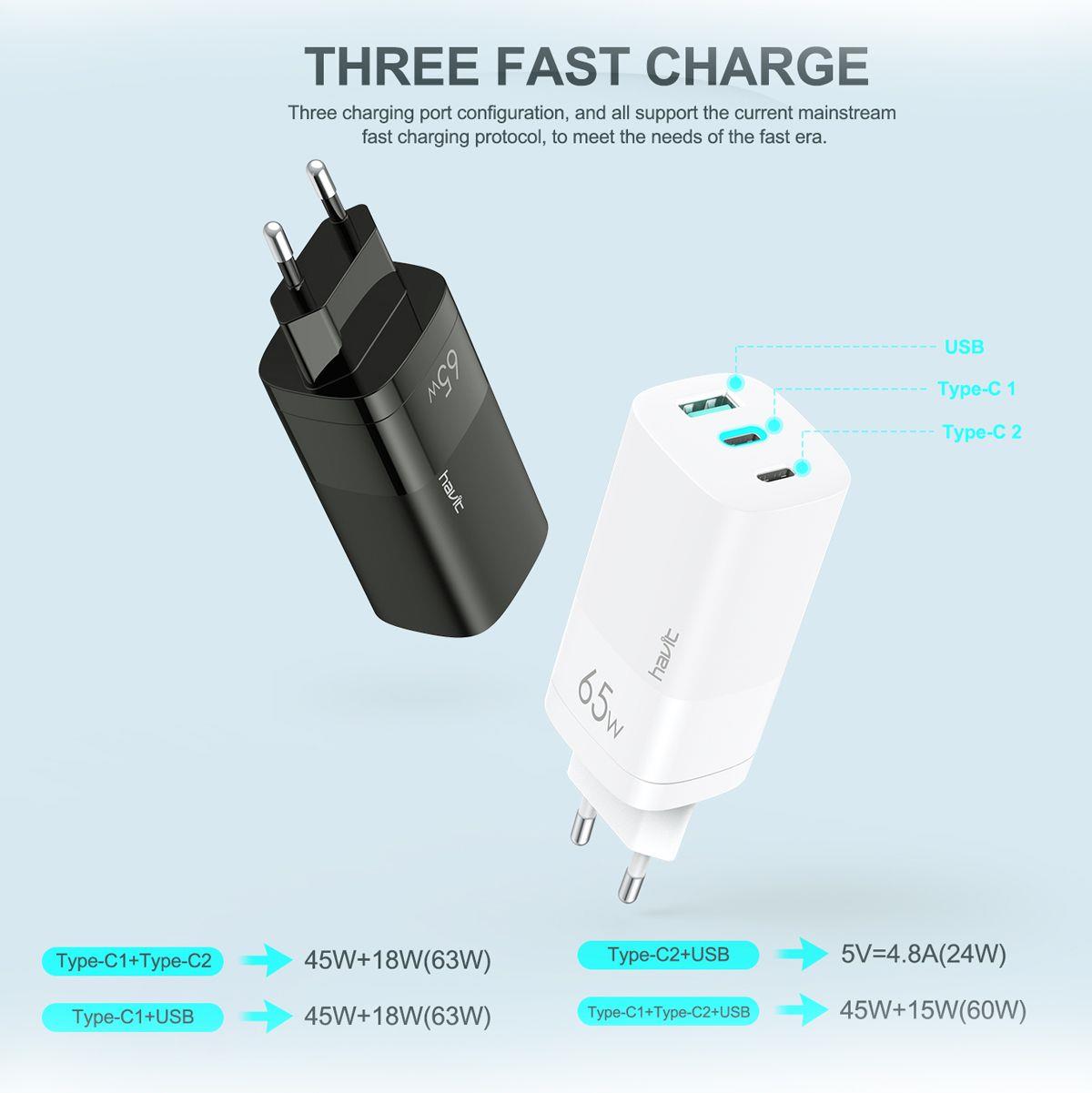 Havit UC10 65W Gan Teknoloji Hızlı Şarj Adaptörü - 2 Type-C, 1 Usb Girişi (Macbook ve Iphone Uyumlu)
