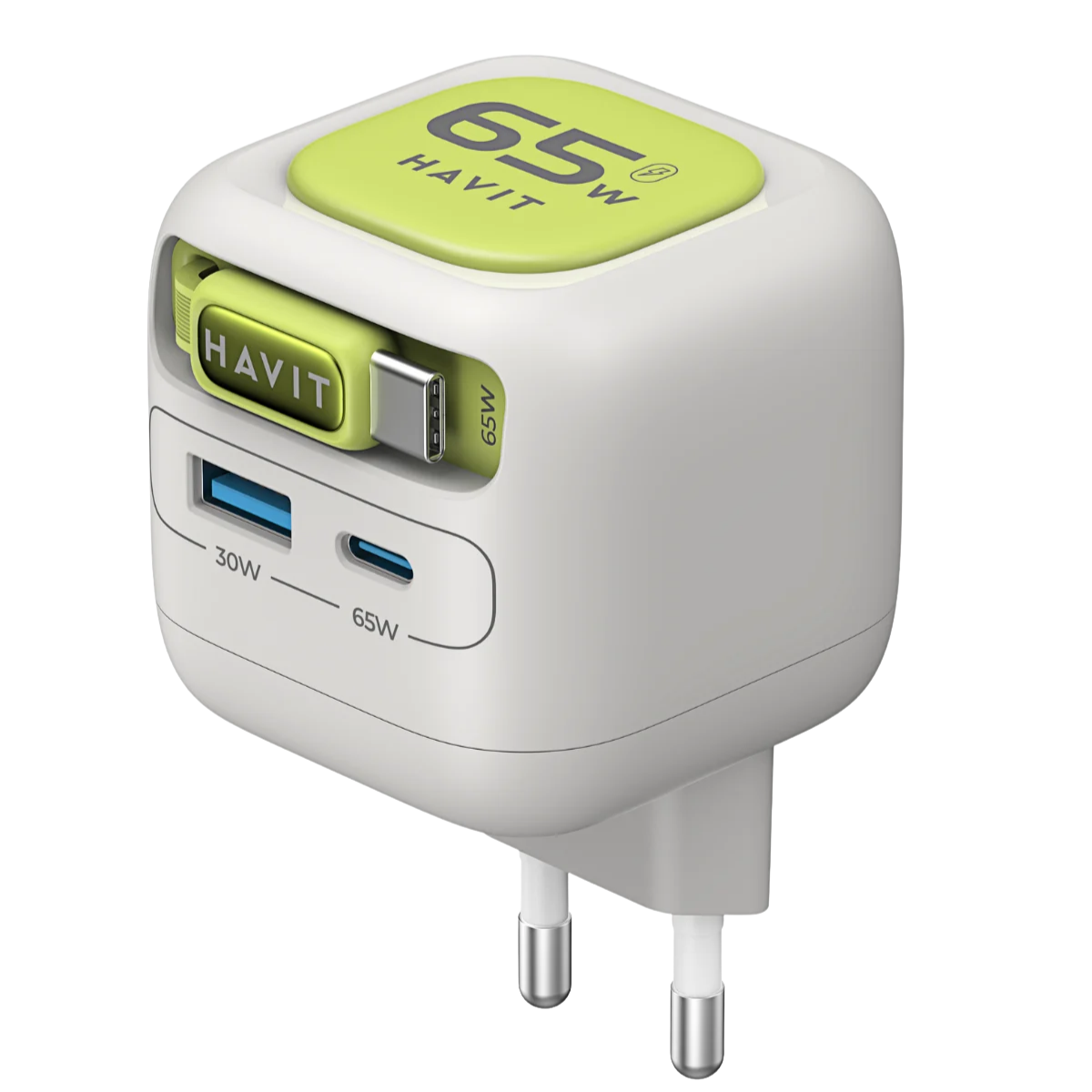 Havit UC253 65W GaN Hızlı Şarj Adaptörü Geri Çekilebilir Kablolu PD Type-C - Gri Yeşil