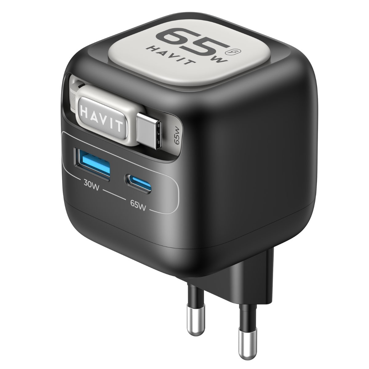 Havit UC253 65W GaN Hızlı Şarj Adaptörü Geri Çekilebilir Kablolu PD Type-C - Siyah