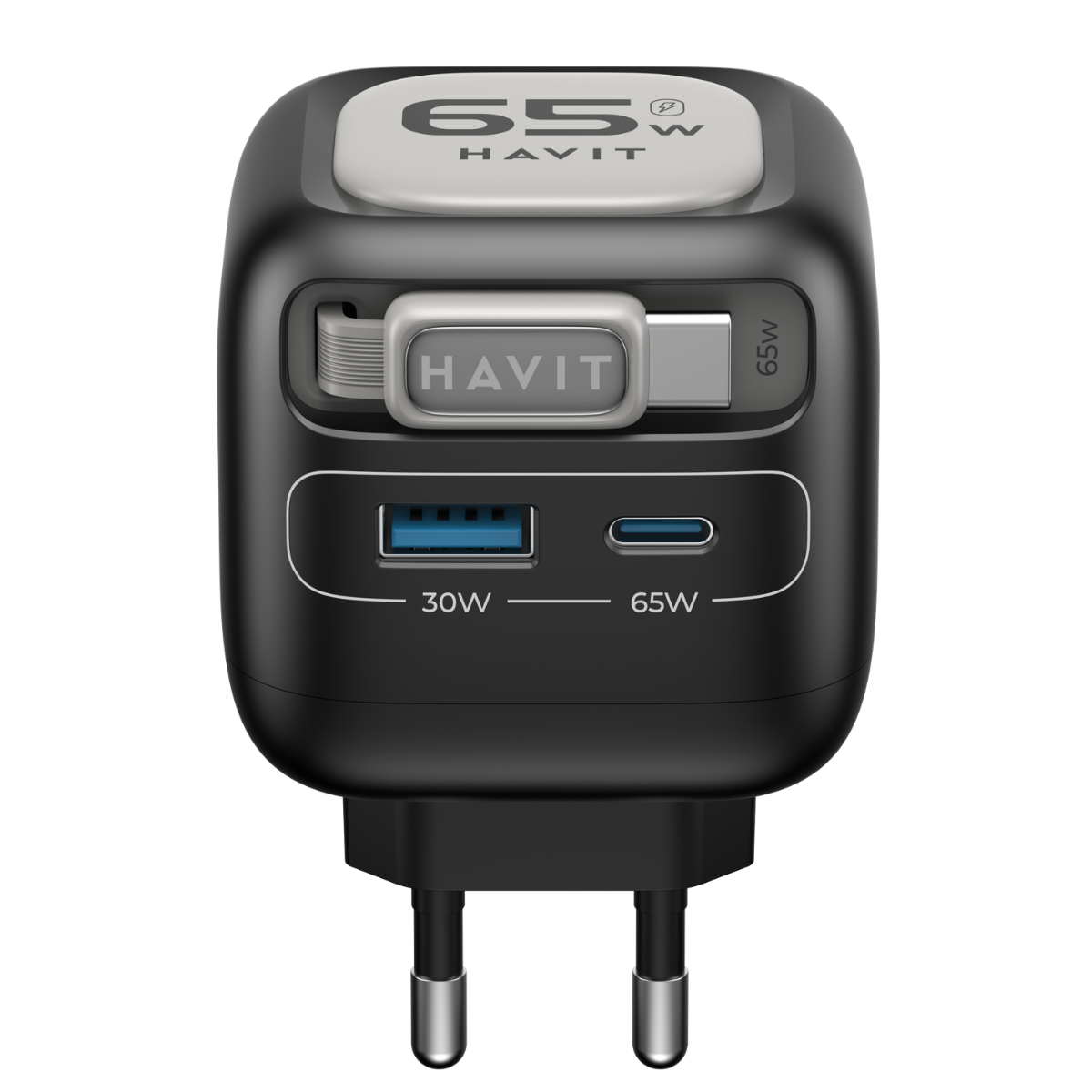 Havit UC253 65W GaN Hızlı Şarj Adaptörü Geri Çekilebilir Kablolu PD Type-C - Siyah