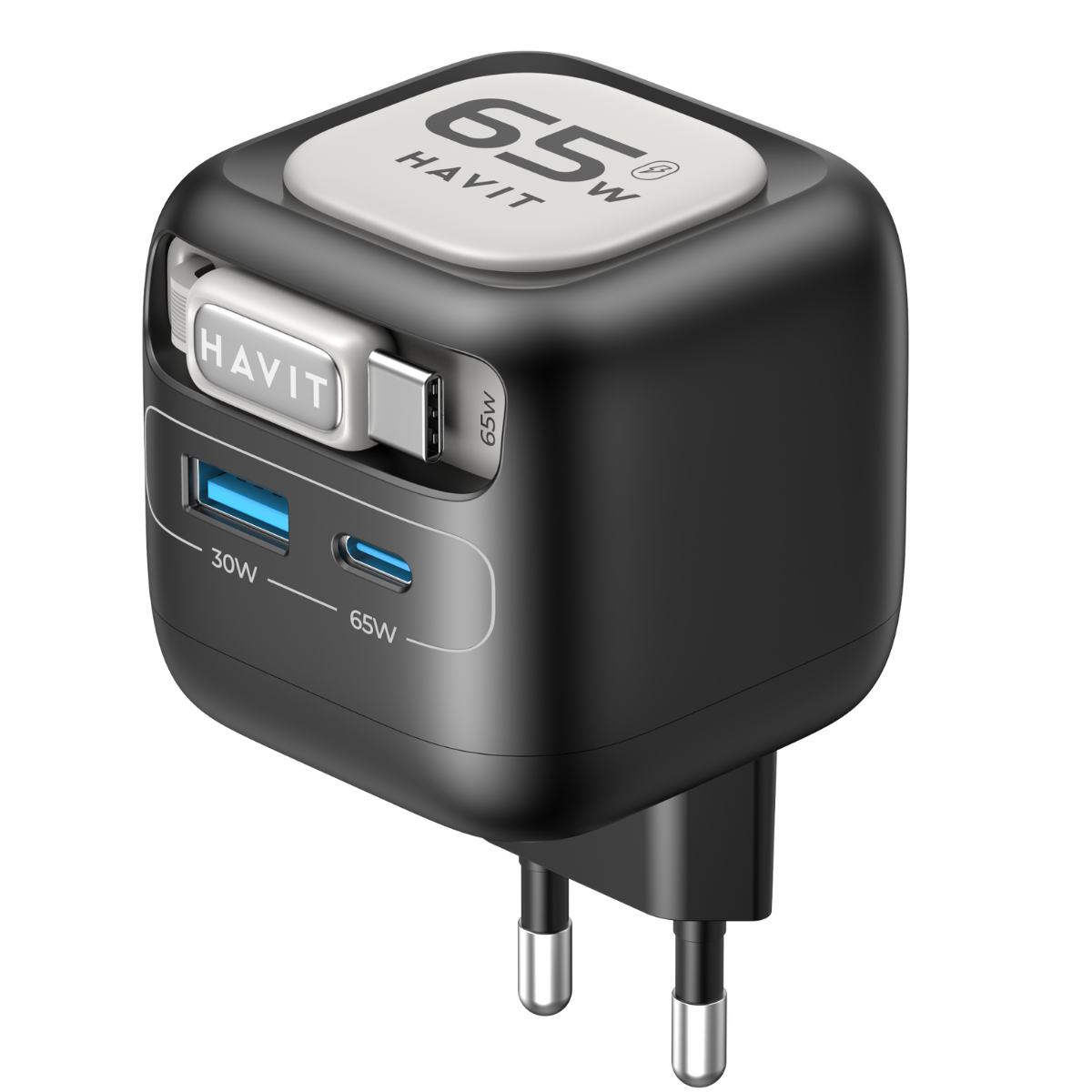 Havit UC253 65W GaN Hızlı Şarj Adaptörü Geri Çekilebilir Kablolu PD Type-C - Siyah