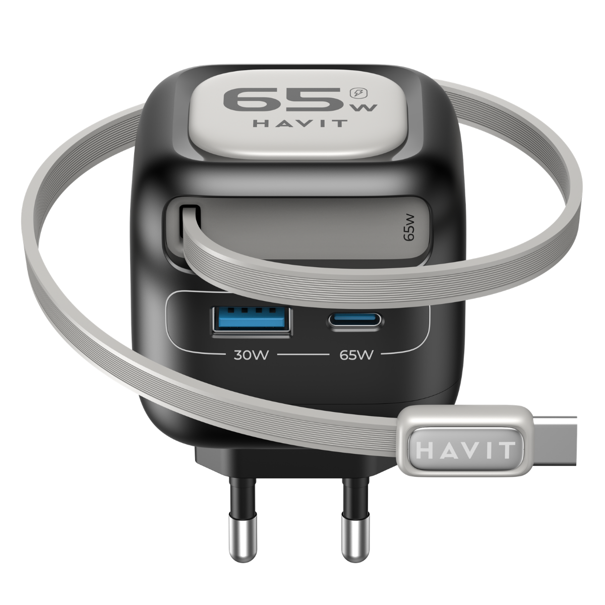 Havit UC253 65W GaN Hızlı Şarj Adaptörü Geri Çekilebilir Kablolu PD Type-C - Siyah
