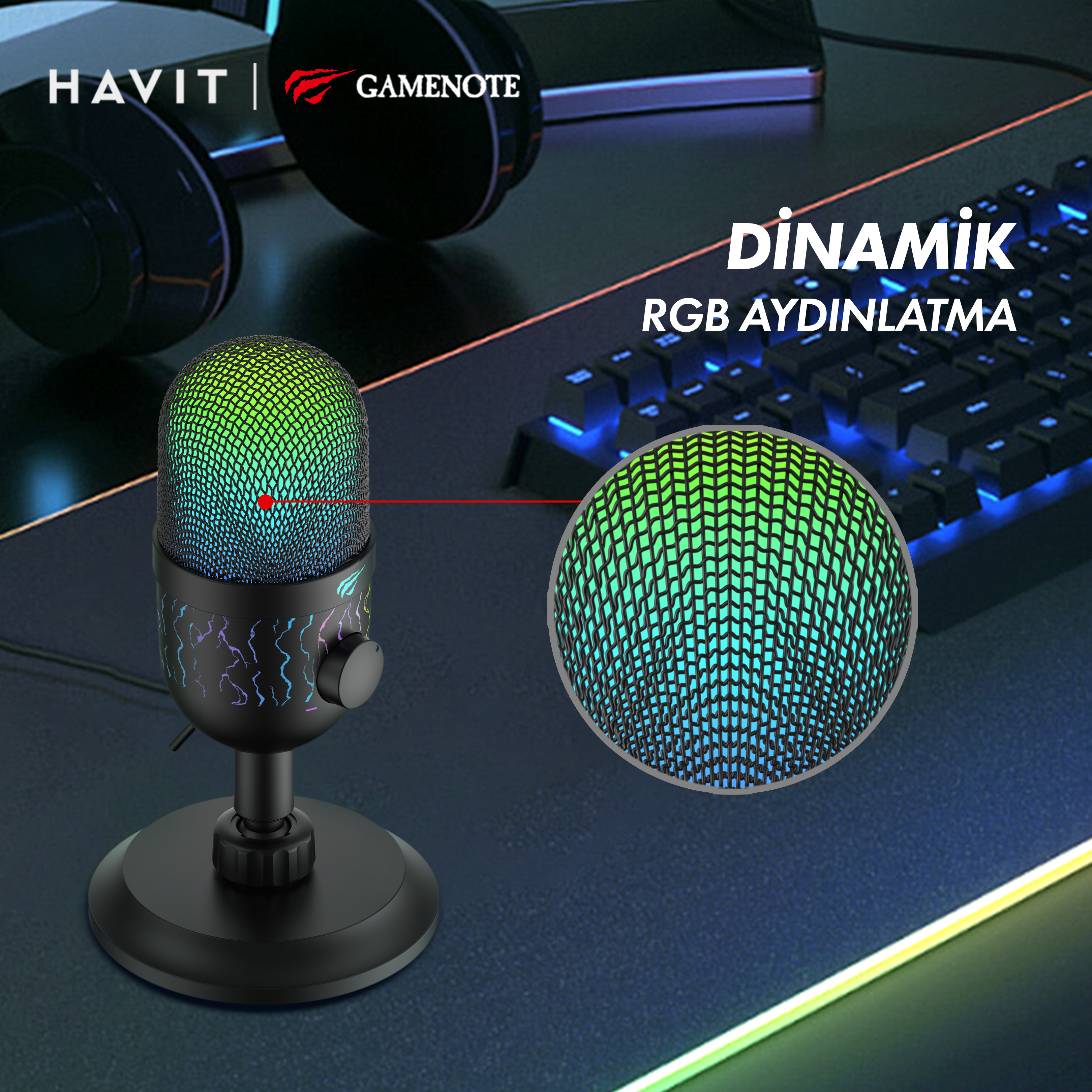 HavitGamenote GK52 RGB Gaming Profesyonel Oyuncu Yayıncı Mikrofonu