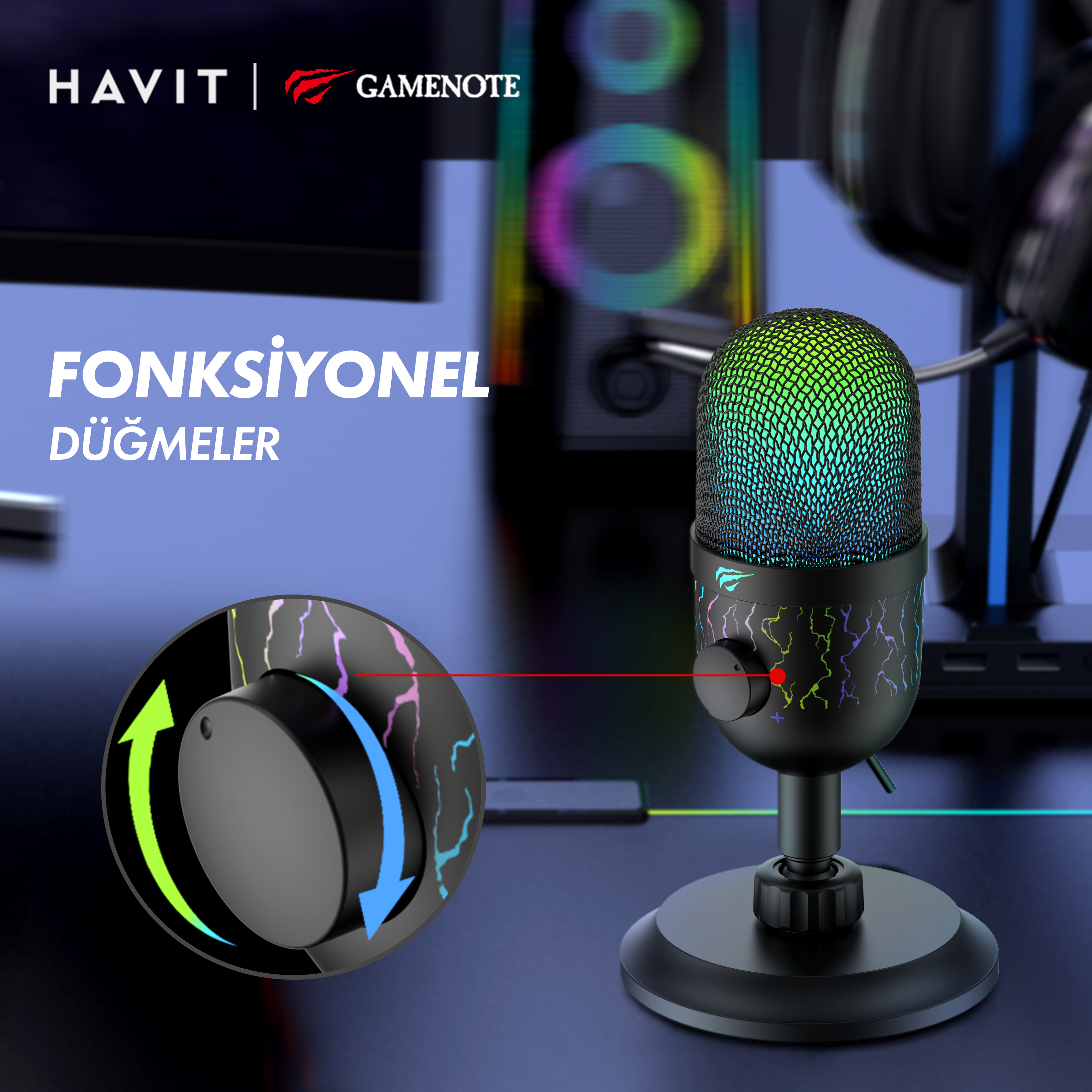 HavitGamenote GK52 RGB Gaming Profesyonel Oyuncu Yayıncı Mikrofonu