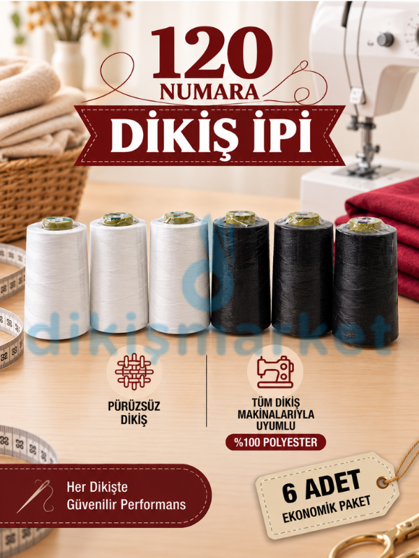 120 Numara  Siyah- Beyaz 6li Dikiş İpliği Seti