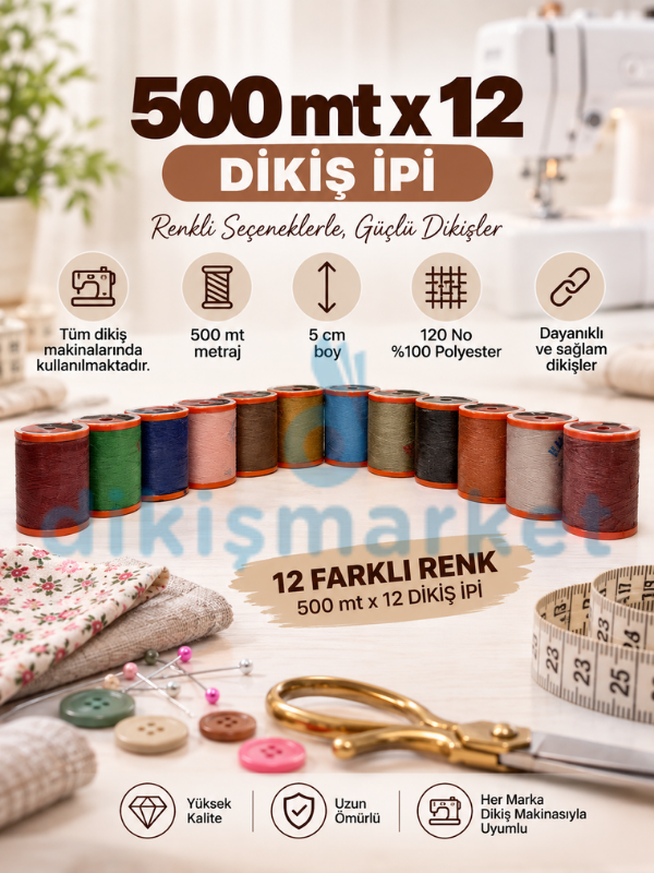 500 Metre 120 No Dikiş İpi|Makina İpi|12 Adet