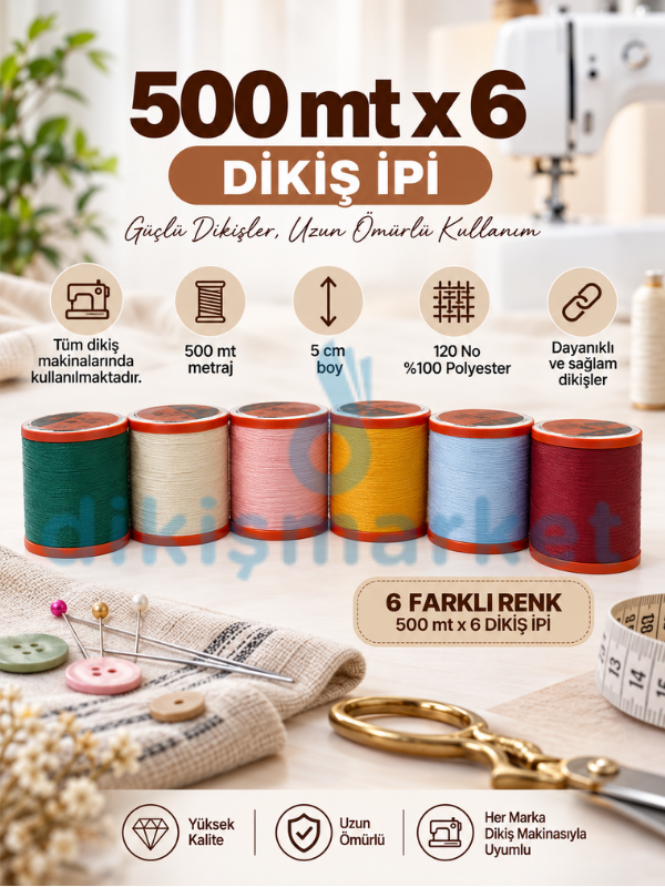 500 Metre 120 No Dikiş İpi|Makina İpi|6 Adet