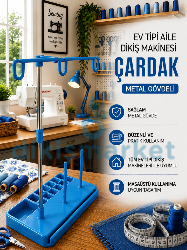 Ev Tipi Dikiş Makine Çardağı|3 İplikli|Mavi Metal Çardak Seti|Tüm Ev Tipi Makinelere Uygundur