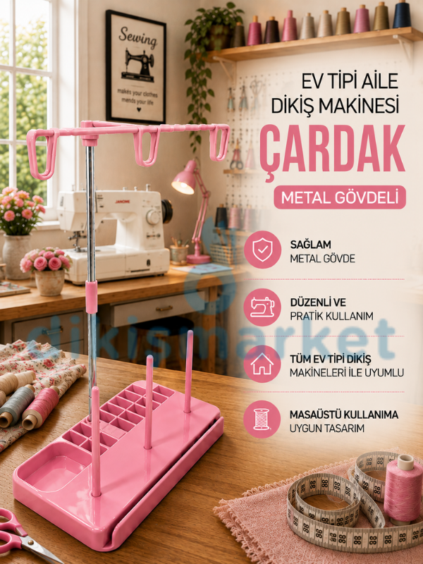 Ev Tipi Dikiş Makine Çardağı|3 İplikli|Pembe Metal Çardak Seti|Tüm Ev Tipi Makinelere Uygundur