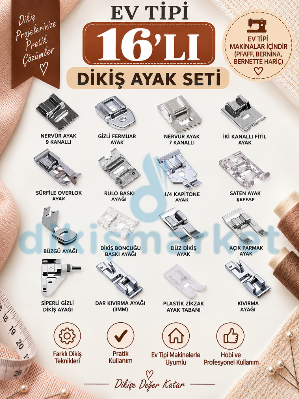 Ev Tipi Dikiş Makinesi GT-16 li Ayak Seti |Tüm Ev Tipi Makinalar İçin Uygundur