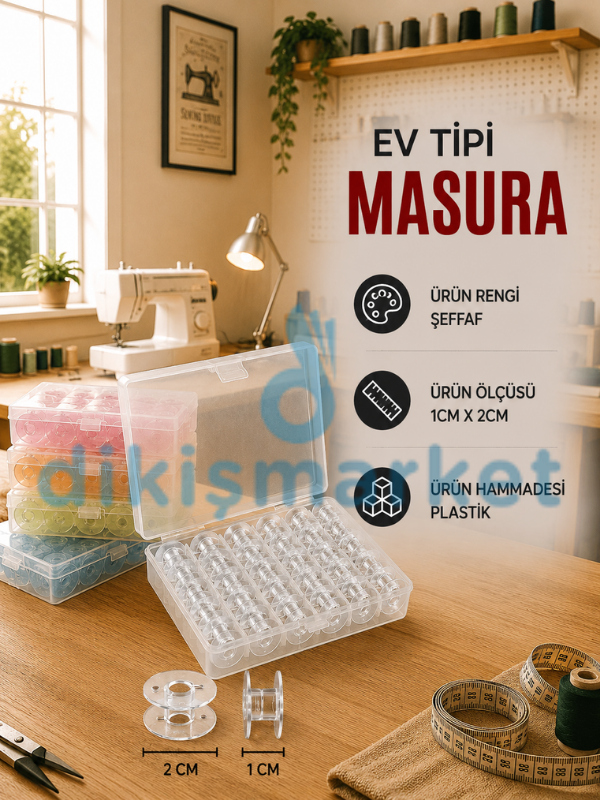 Ev Tipi Dikiş Makinesi|Plastik|Geniş|Masura|Şeffaf|25 Adet|Kutulu