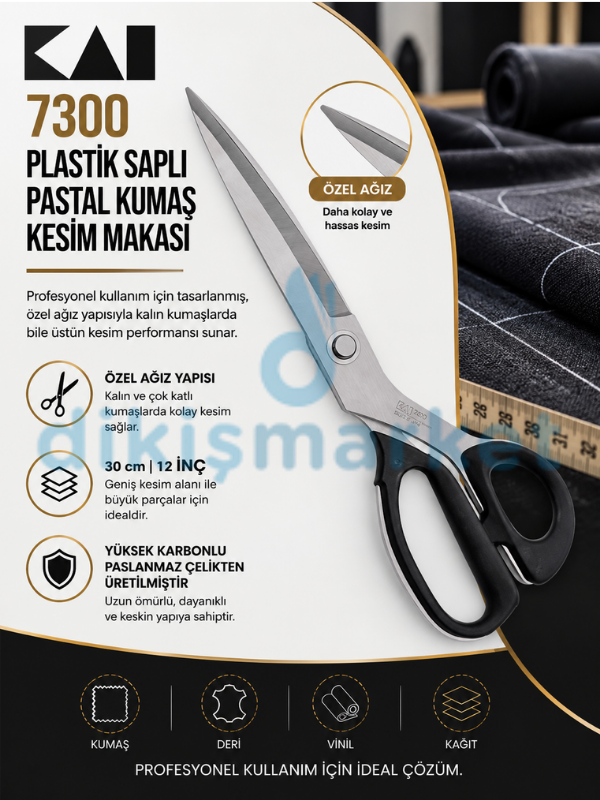 KAI 7300 Plastik Saplı Pastal Kumaş Kesim Makası | 30 cm | Özel Ağız | Japon Malı | 12 No | Yüksek Karbonlu Paslanmaz Çelikten Üretilmiştir