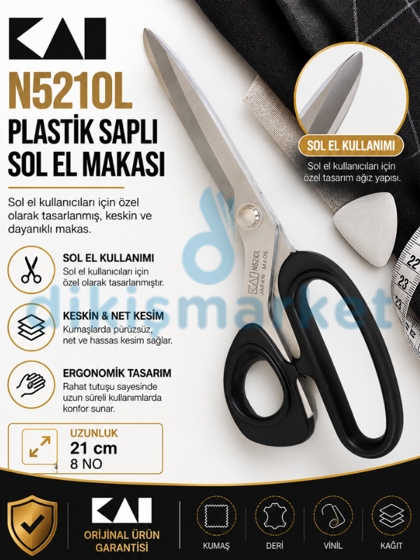 KAI N5210L Plastik Saplı Sol El Makası | Solak Terzi Makası | 21cm | Japon Malı | 8 No