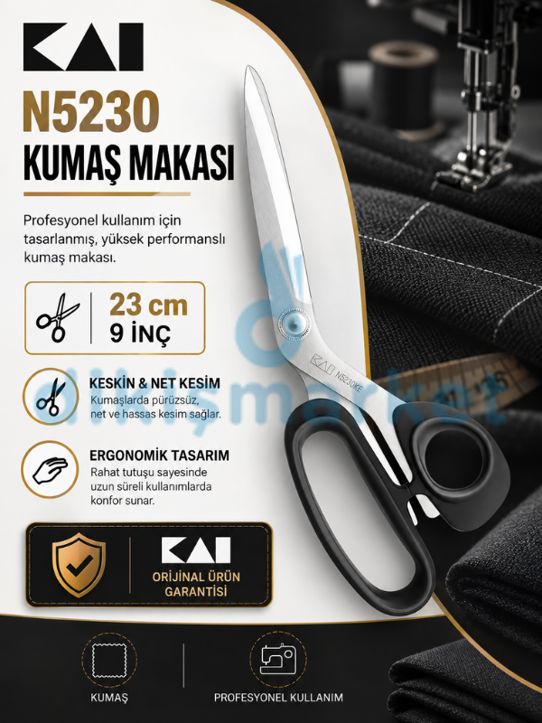 KAI Plastik Saplı N 5230 Kumaş Kesim Makası 230 mm Keskin Bıçaklı Siyah Renkli
