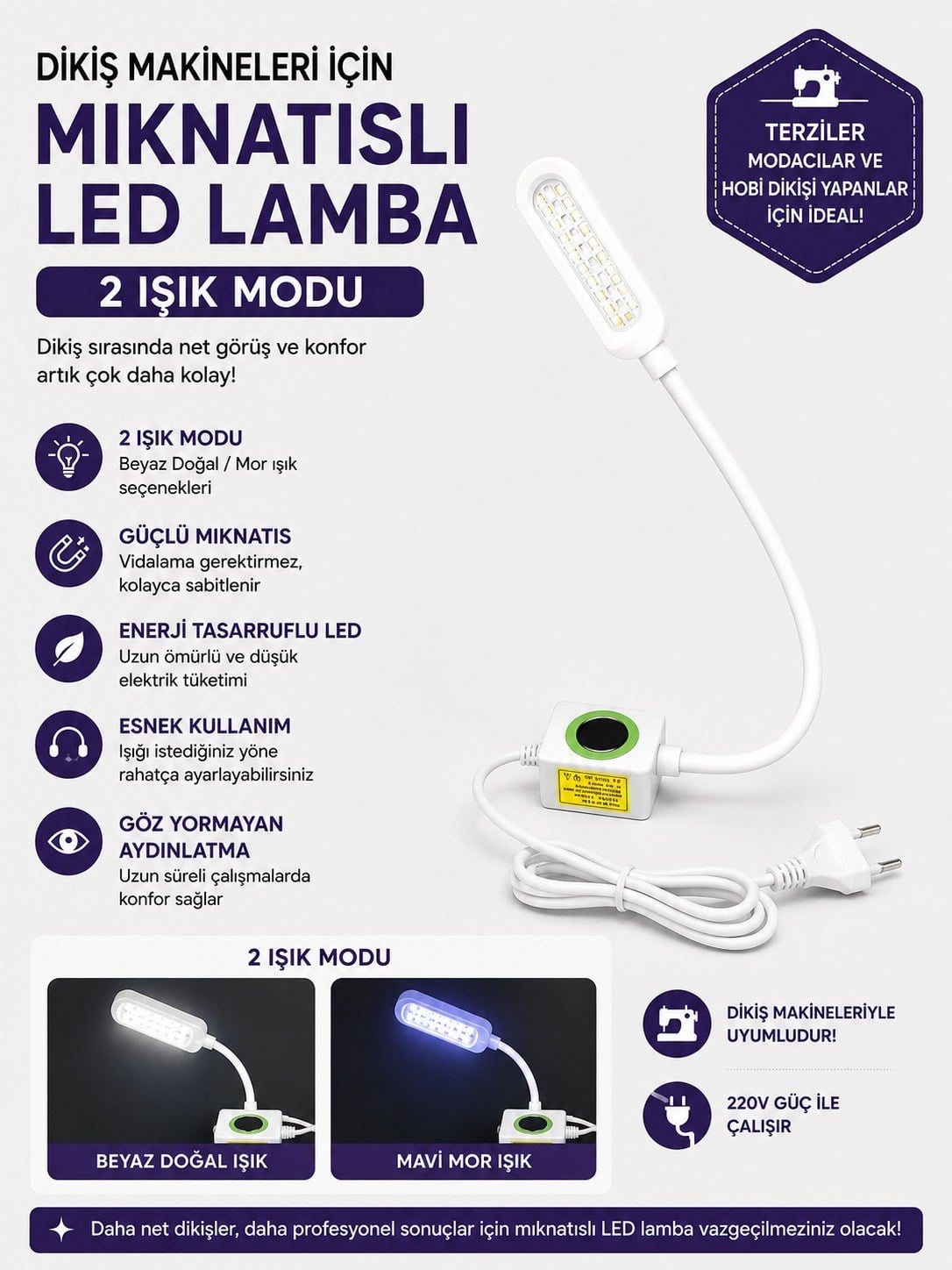 	Makine Fişli Led Lamba MorBeyaz