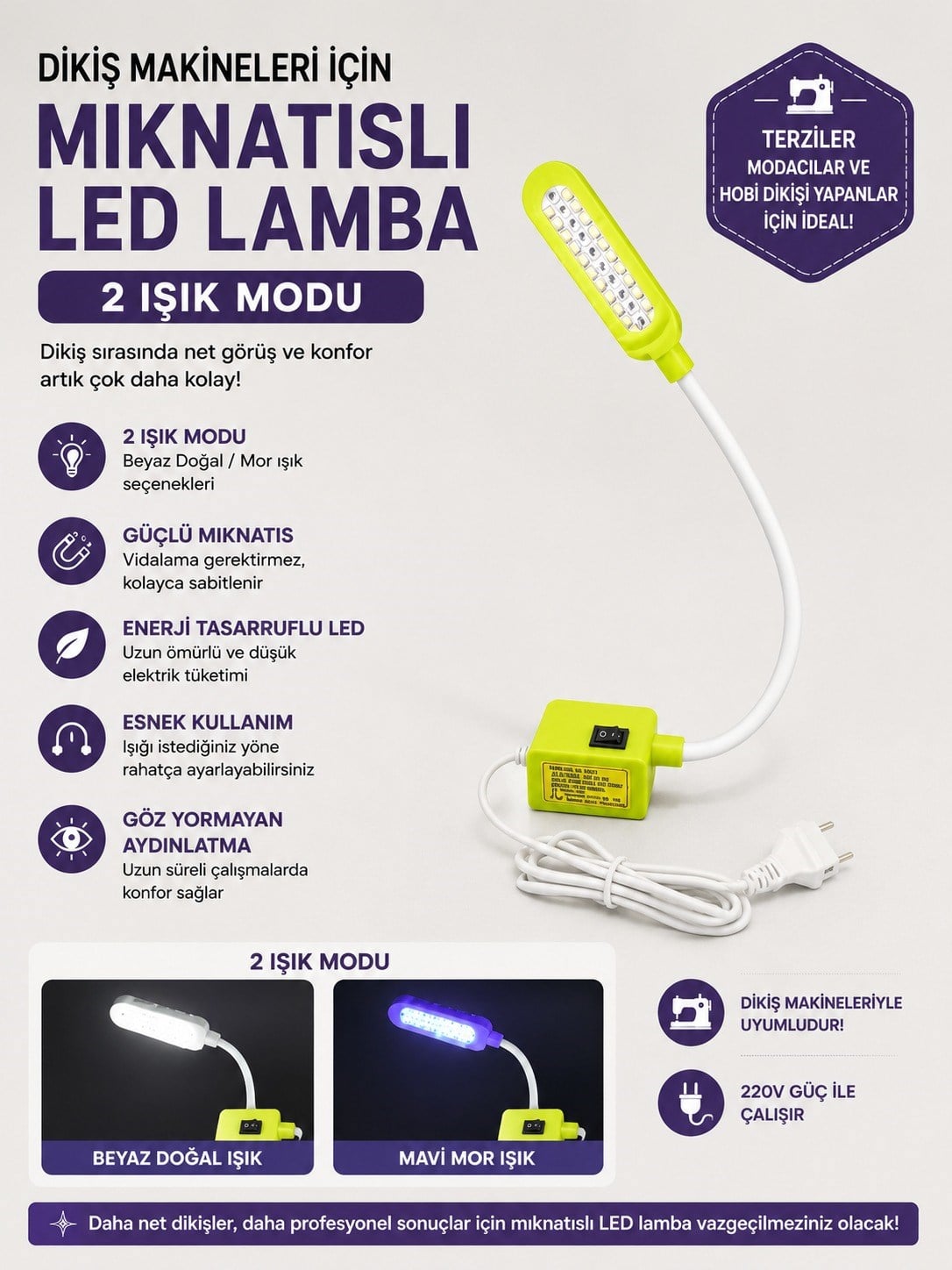 Makine Fişli Led Lamba MorBeyaz
