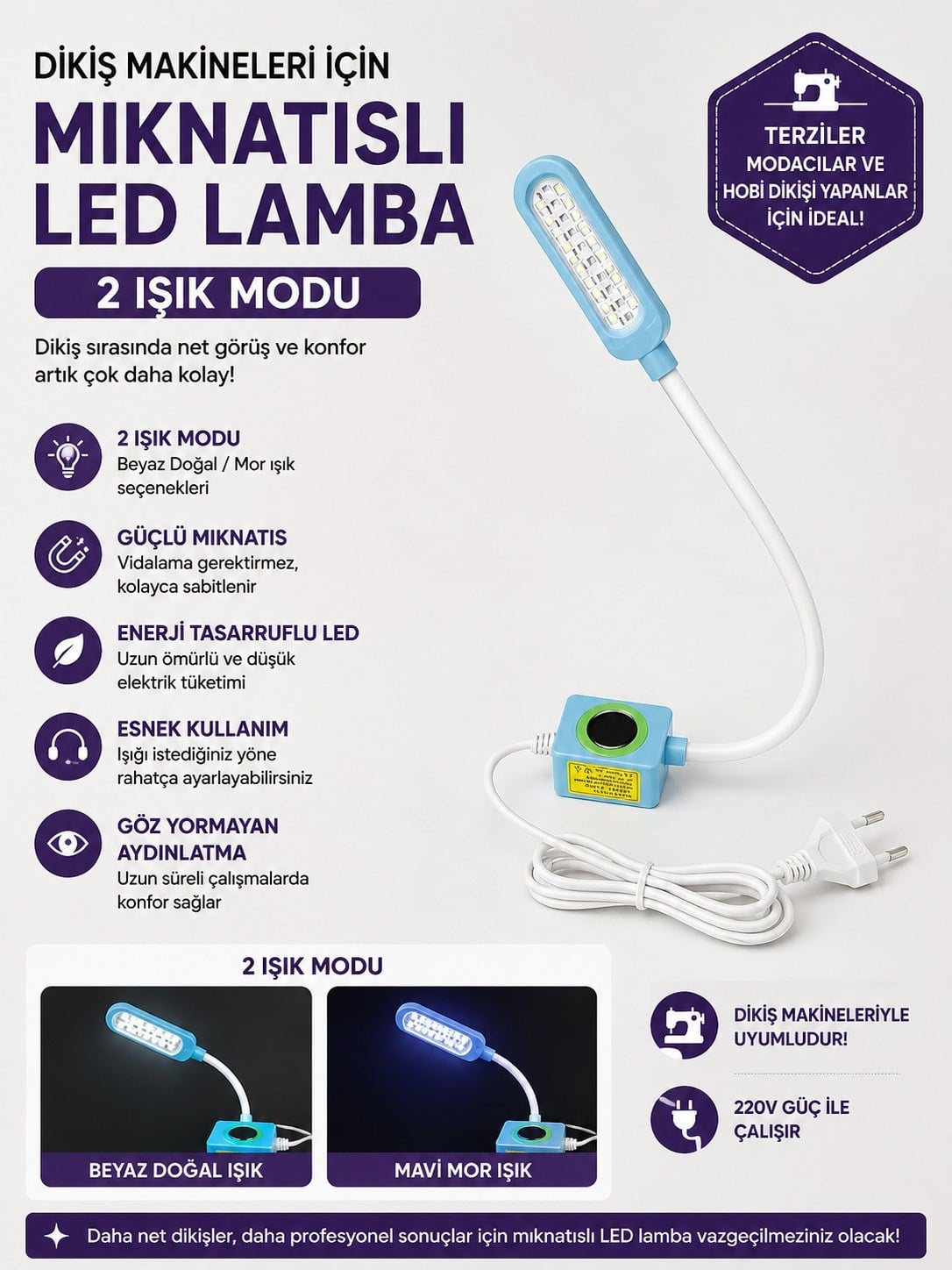 Makine Fişli Led Lamba Mor/Beyaz