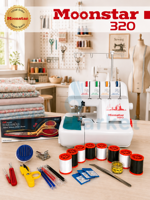 Moonstar 320 Ev Tipi Elektronik Overlok Makinesi Set| 4 Siyah - 4 Beyaz Overlok İpi | Altın Makas|Cımbız | Mezura | İğnedanlık | Toplu iğne | İlik Açıcı | Çıt Makas | 30 Adet İğne | İşaret Kalemi