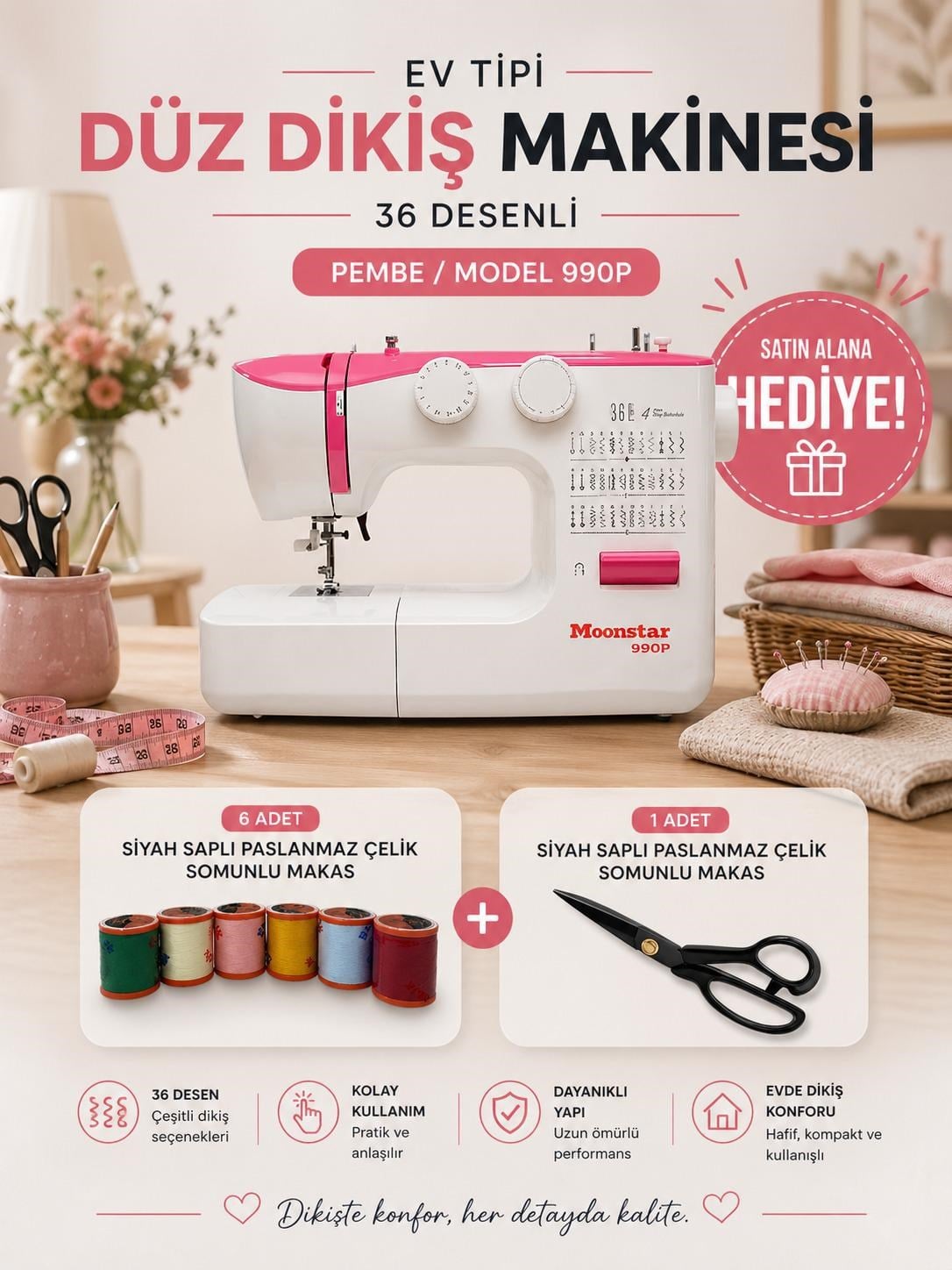 Moonstar 990P Pembe Ev Tipi Elektronik Dikiş Makinesi | 36 Desen | 4mm Zigzag | 4 Adımda İlik Açabilme