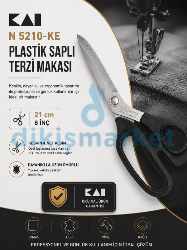 N 5210-KE Plastik Saplı Terzi Makası | 21cm | Japon Malı | Özel Ağız | Makinacı Makası | 8 No