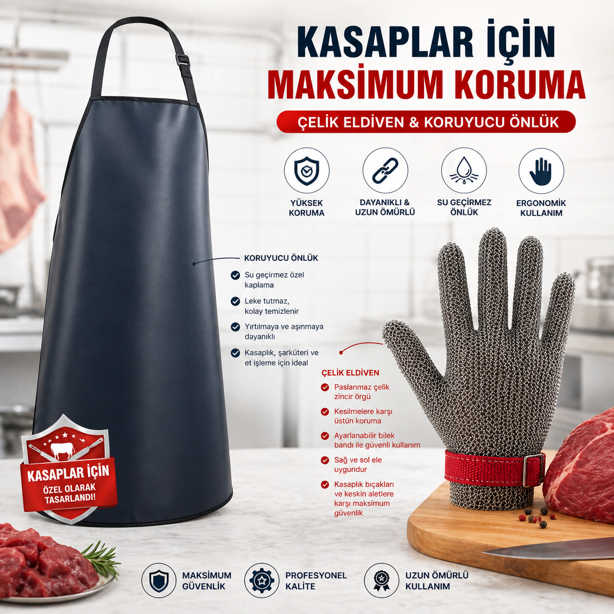 Paslanmaz Çelik Eldiven 5 Parmak ve Kasap Önlük