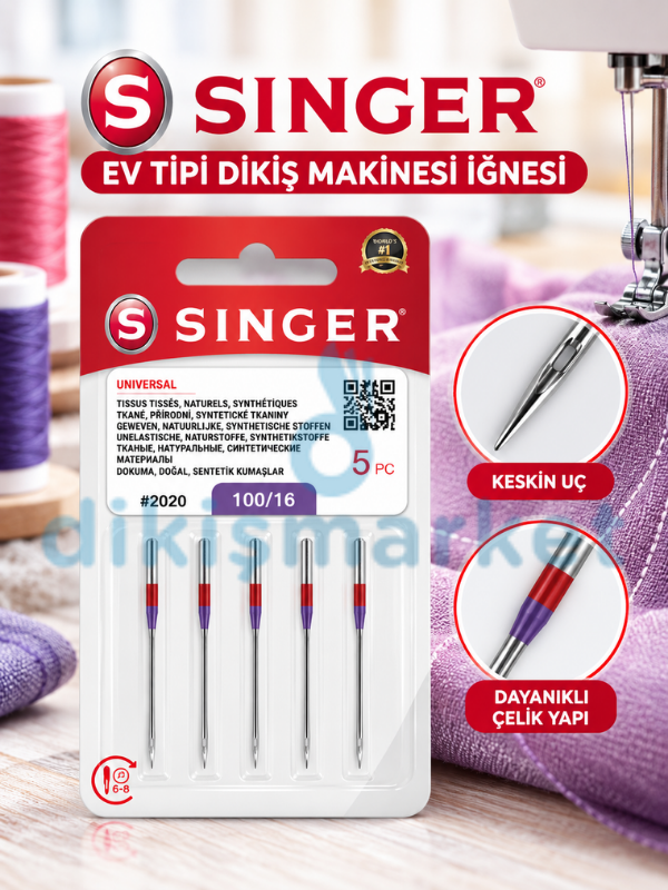 Singer Dikiş Makine İğnesi | 2020-16 Numara | 1 Paket 5 Adettir |Tüm Ev Tipi Makinelere Uyumludur