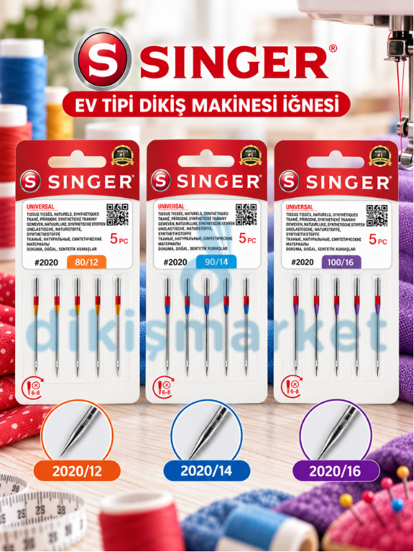 Singer Dikiş Makine İğnesi | 2020/12-14-16 Numara | 1 Paket 5 Adettir | Tüm Ev Tipi Makinelere Uyumludur