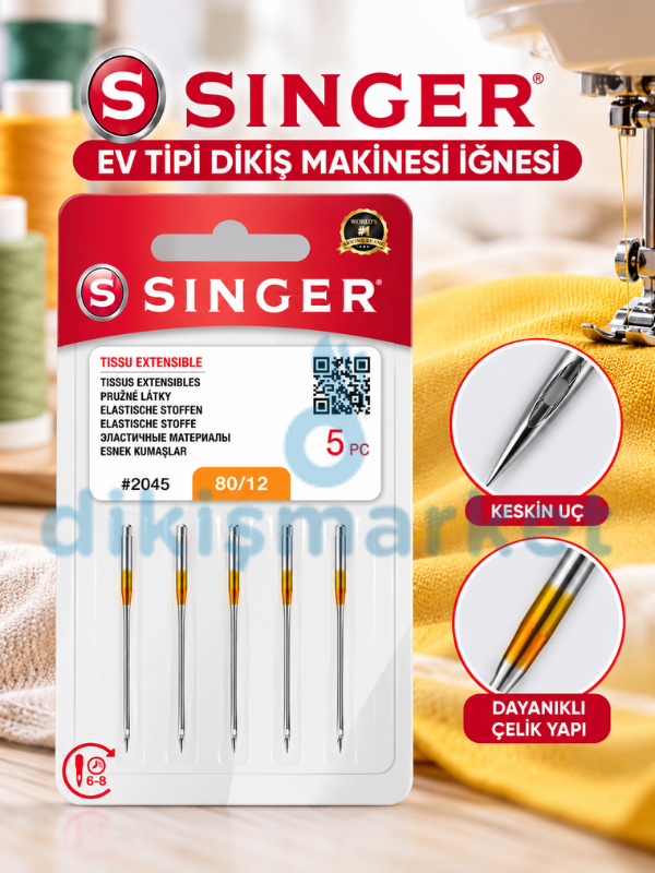 Singer Dikiş Makine Jarse İğnesi | 2045-12 Numara | Esnek Kumaş İğnesi | 1 Paket 5 Adettir | Tüm Ev Tipi Makinelere Uyumludur