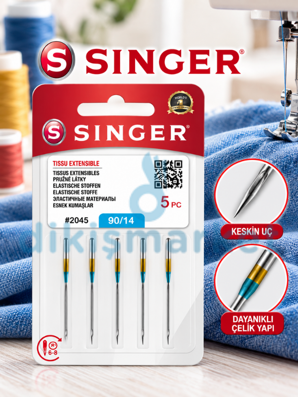 Singer Dikiş Makine Jarse İğnesi | 2045-14 Numara |Esnek Kumaş İğnesi|1 Paket 5 Adettir | Tüm Ev Tipi Makinelere Uyumludur