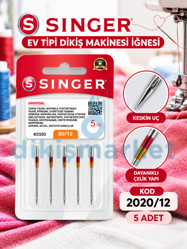 Singer Dikiş Makine Standart İğnesi | 2020-12 Numara | 1 Paket 5 Adettir | Tüm Ev Tipi Makinelere Uyumludur