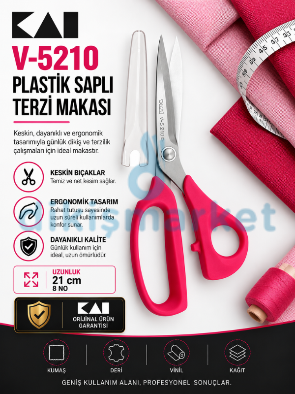 V-5210 Plastik Saplı Terzi Makası | Yatık Makas | Makinacı Makası | Özel Ağız | 21cm | Japon Malı | 8 no | Makas Ucu Kılıflı