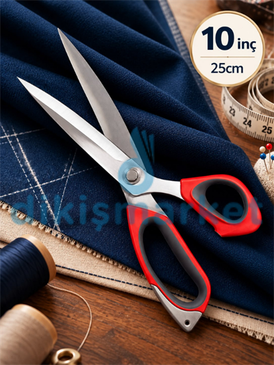 10 No | Kırmızı Saplı | Profesyonel Paslanmaz Çelik | Terzi Makası | 25 Cm | 10 inç