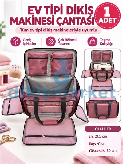 Ev Tipi Dikiş Makinesi Taşıma Çantası Pembe – Çok Bölmeli, 21,5 x 41 x 30 cm
