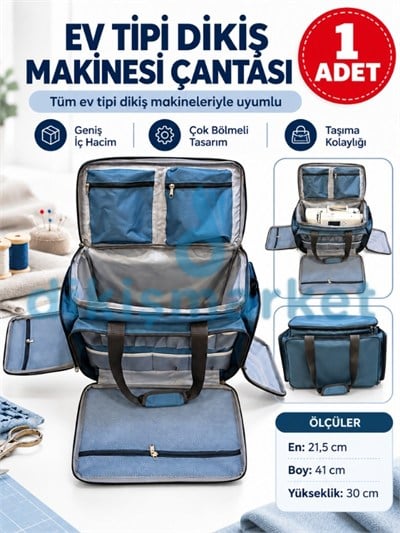 Ev Tipi Dikiş Makinesi Taşıma Çantası Mavi– Çok Bölmeli, 21,5 x 41 x 30 cm