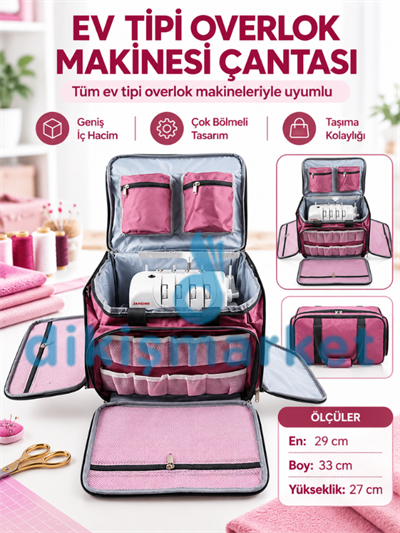 Overlok Ev Tipi Dikiş Makine Çantası | Overlok Çanta Hurcu | Profesyonel Dikiş Makinesi Çantası | Pembe | En: 29Cm | Boy:33 Cm | Yükseklik: 27 Cm