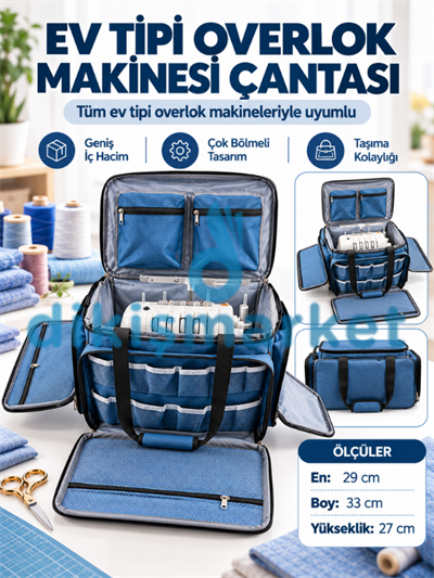 Overlok Ev Tipi Dikiş Makine Çantası | Overlok Çanta Hurcu | Profesyonel Dikiş Makinesi Çantası | Mavi | En: 29Cm | Boy:33 Cm | Yükseklik: 27 Cm