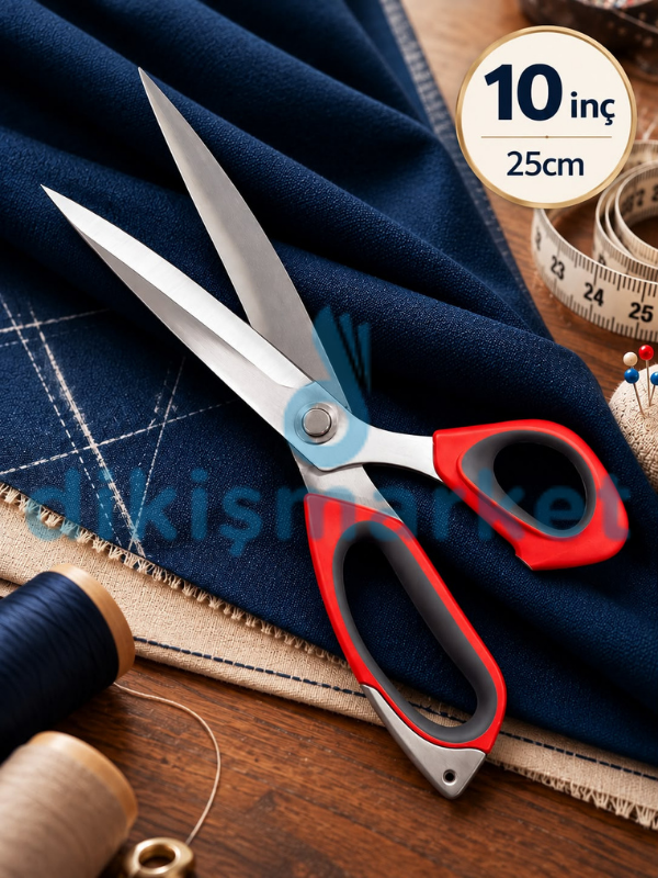 10 No | Kırmızı Saplı | Profesyonel Paslanmaz Çelik | Terzi Makası | 25 Cm | 10 inç