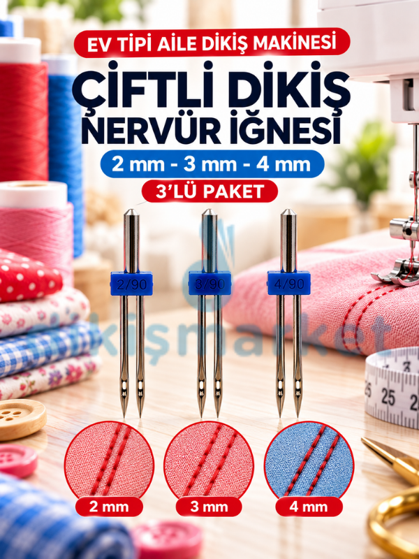 Ev Tipi Aile Dikiş Makinesi Çiftli Dikiş nervür İğnesi / 130/705 H ZWI 3.0/90 3 Adet