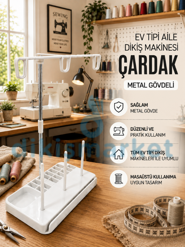 Ev Tipi Dikiş Makine Çardağı|3 İplikli|Beyaz Metal Çardak Seti|Tüm Ev Tipi Makinelere Uygundur