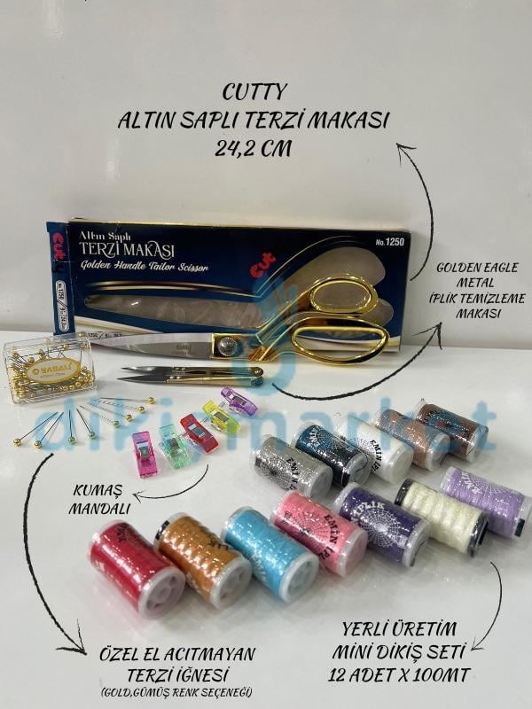 GOLD MAKAS/GOLD ÇIT MAKAS/ GOLD TOPLU İĞNE/ MİNİ MAŞA/12 Lİ MİNİ İP SETİ
