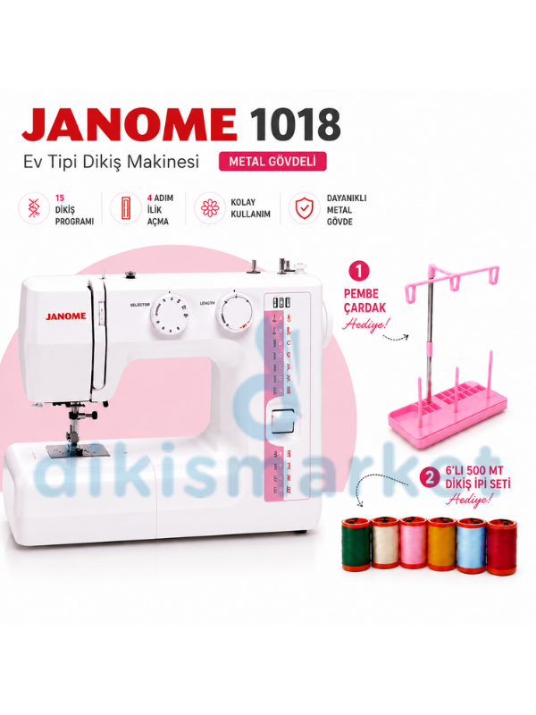 Janome TR1018 Dikiş Makinesi | 13 Değişik Dekoratif Dikiş | 5 mm Genişliğinde Zigzak | 4mm Dikiş Adım Ayarı | Komple Metal
