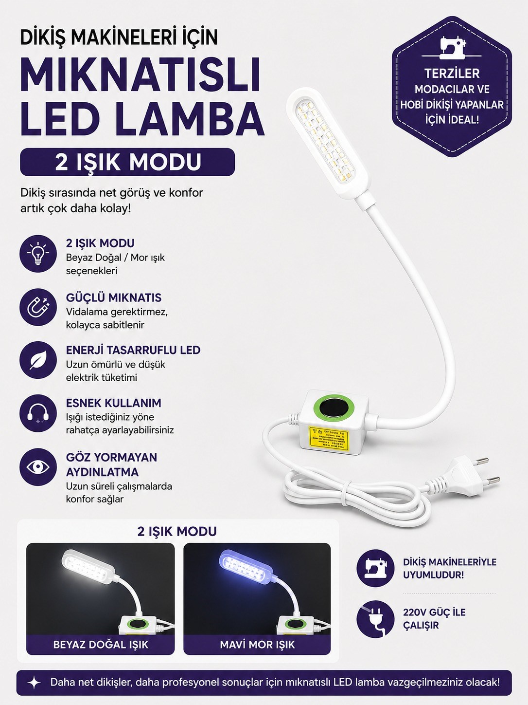 	Makine Fişli Led Lamba MorBeyaz