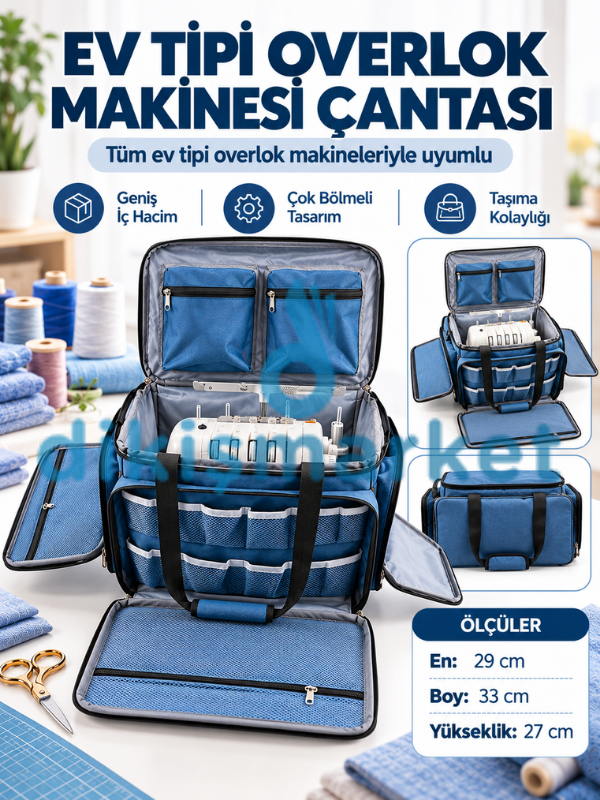 Overlok Ev Tipi Dikiş Makine Çantası | Overlok Çanta Hurcu | Profesyonel Dikiş Makinesi Çantası | Mavi | En: 29Cm | Boy:33 Cm | Yükseklik: 27 Cm