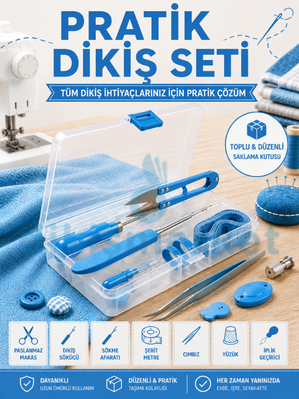 Özel Kutulu Mavi Pratik Dikiş Seti |11 parça