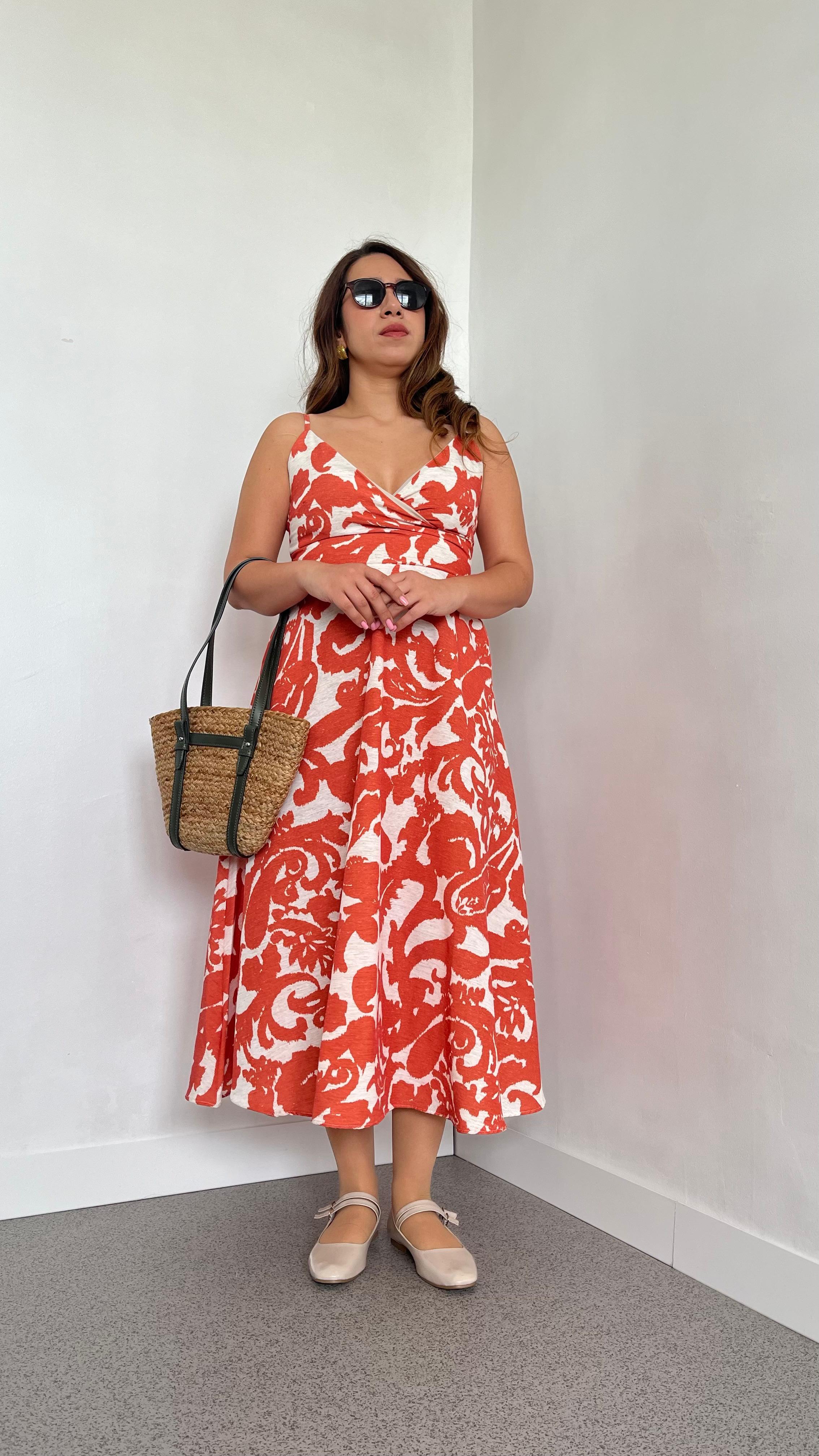 Ayarlanabilir Askılı Turuncu Keten Elbise